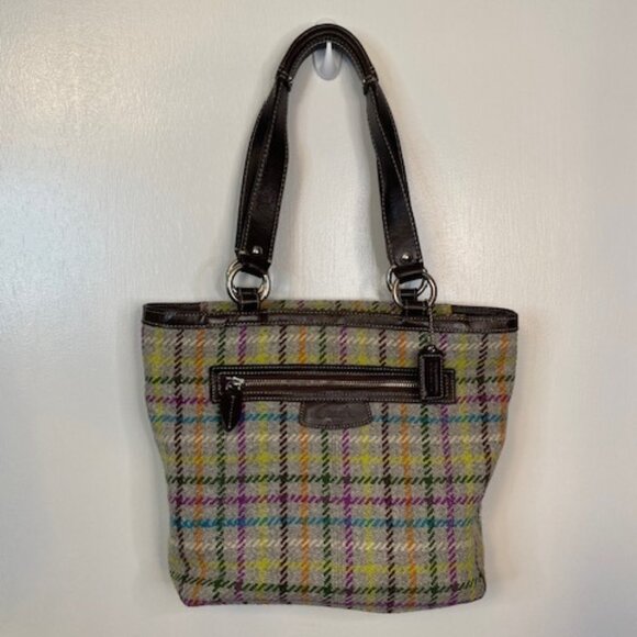 COACH Penelope Wool Tattersall Tweed Leather Trim Tote Shoulder Hand Bag Top Zip - Picture 1 of 16